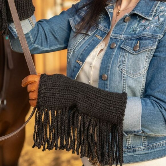 Black Fingerless Fringes Cowgirl Stampede Rodeo Gloves Mittens ArmWarmer - Picture 9 of 9